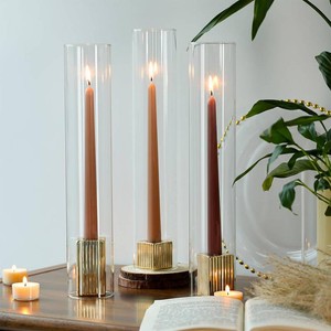 $27 LETINE 14 Tall Hurricane Candle Holders with Gold Ribbed Taper Candle Holders Set of 3  Bulk Windproof Taper Candle Hurricane Glass for Outdoor&Indoors Wedding Centerpiece, Event & Home Decor
