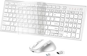 $40 Rechargeable Wireless Keyboard and Mouse, with Number Pad Silver  Quiet Silent, Slim Thin Flat Low Profile Soft Key, USB C, with Skin Cover, Ergonomic Mouse, for Mac Windows PC, Home Office