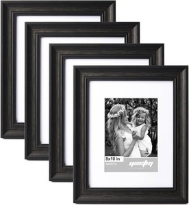 $25 Yaetm Black 8x10 Picture Frame Matted to 5x7 Set of 4, 1.4 Wide Molding & Distressed Black Photo Frames 8 x 10 with HD Tempered Glass, Display on Tabletop & Wall Mounting, 4 Pack (gold frame, see Photos)