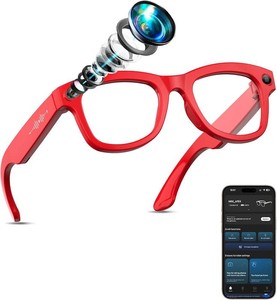 $90 AI Smart Glasses with Camera Stabilization - 8MP POV Video Recording, Real-Time AI Translation, Smart Assistant, Dual-Mic Noise Canceling for Travel & Meetings - Anti-Blue Light, Red Frame