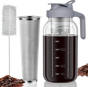 $20 Cold Brew Coffee Maker, 64 oz Glass Mason Pitcher  100 m stainless steel filter, wide mouth design, leak-proof lid with handle, pour spout for iced coffee, tea and cold drinks