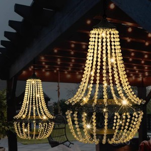 $37 Hanging Solar Chandelier Outdoor, 30 Warm White Lights Acrylic Clear Beaded Chandelier with S Hooks Modern Lantern for Garden Yard Patio Gazebo Decorations, 28H