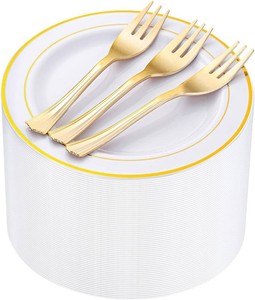 $30 WELLIFE 240 Pcs Disposable Dessert Plates with Gold Plastic Forks, 120 White 6.5 Inch Appetizer Cake Salad Plates with Gold Rim, Party Tableware Set for 120 Guests, Wedding, Birthday, Catering