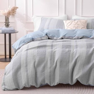 $51 SLEEP ZONE Duvet Cover Set Queen, Luxury Jacquard Waffle Vertical Stripe Soft and Breathable 3 Pcs Comfy Bedding Set Duvet Cover with Zipper Closure and 2 Pillow Shams, Blue