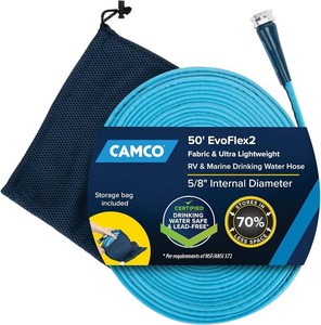 $24 Camco EvoFlex2 50-ft Drinking Water Hose - RV Drinking Water Hose Reinforced with Fabric & Ultra Lightweight - Contains No Lead, No BPA & No Phthalate - Abrasion Resistant (22579)  Lead-free, BPA-free drinking water hose with flexible, anti-kink desi