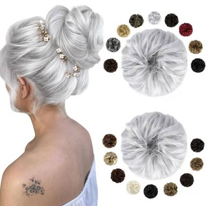 FELENDY 2PCS Messy Bun Hair Piece Large Wavy Curly Elastic Hair Bun Scrunchies Fluffy Thick Donut Chignon Hairpieces Updo Extensions Silver Grey