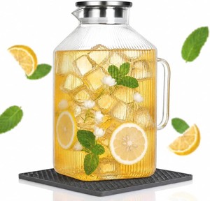 $27 1 Gallon Glass Pitcher with Lid, Square Borosilicate Glass Carafe  Glass Water Pitcher with Handle and Spout for Fridge, Large Jug with Mat for cold & Hot Drinks, Home & Party, Dishwasher Safe