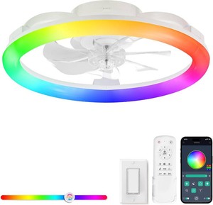 $70 LEDIARY RGB Low Profile Ceiling Fans with Lights and Remote, 20 Inch Dimmable Modern Ceiling Fan(3000K-6000K), 6 Speed, Reversible, APP & Remote Control, Flush Mount Fan Light, White RGB Ceiling Fans
