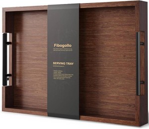 $20 Fibogollo Bamboo Serving Trays with Metal Handles,Large(Brown)  17 x 12Inch Ottoman Decorative Trays Platter for Coffee Table,Living Room,Bar,Party,Holiday Hosting and Outdoor Entertaining
