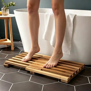 $44 Adjustable Teak Wood Shower Mat, Bamboo Shower Mat for Bathroom  Bamboo Bath Mat with Non-Slip Pads, Adjustable Length 15.7 - 25.9, Teak Bath Mat for Spa, Pool, Sauna or Outdoor