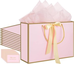 woric 10 Pcs Pink Gift Bags with Handles, 14 x10x4.5 Medium Pink Bags  20 Tissue Paper & 10 Cards, Ribbon Handle, for Women Birthday Baby Shower, Wedding Bridesmaid Party Favors