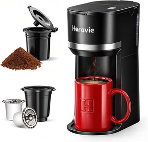 $35 Horavie Small Single Serve Coffee Maker for K Cup and Grounds, Fast Brew One Cup Coffee Machine with One Button, 6 to 12 oz. Brew Sizes, Perfect for Home and Travel, Black