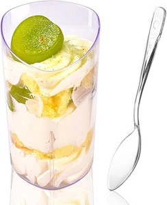 3 oz Plastic Dessert Cups with Spoons, 25 Pack  Clear Mini Small Reusable Slanted Triangle Parfait Appetizer Cups, Shooter Serving Bowls, Dessert Shot Glasses for Tasting