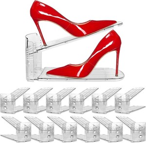 $28 NVGSN 12Pack Clear Shoe Slot Organizer,Shoe Stacker,Storage Space Saver 50%  3 Levels Adjustable Height 3.7-7.7shoe Organizer for Closet,Easy to Assemble shoe Rack Holder,Organizador de Zapatos