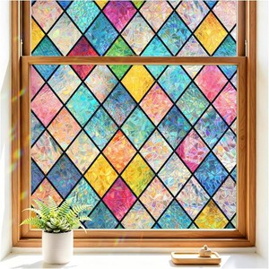 Haton Stained Glass Winodw Film, Rainbow Lattice Stickers, 17.5 x 78.7  3D Colorful Decorative Window Cling, Static Cling Removable, Blocks UV & Heat, Privacy Decals for Home Door, No Glue