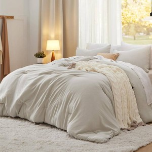 $59 Bedsure Oversized King Comforter Set, Beige Soft Prewashed Bedding for All Seasons, 3 Pieces GentleSoft  Bed Set, 1 Lightweight Comforter (120x98) and 2 Pillowcases (20x36)