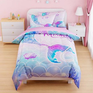$20 SANDJEST Mermaid Duvet Cover Sets Twin Size for Kids Girls, Include 1 Polyester Comforter Cover 68x86 Inches and 1 Pillowcase 20x26 Inches, Comforter Not Included, Gift for Christmas Birthday