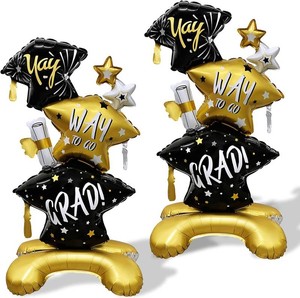2Pcs Graduation Cap Balloons Large Standing Graduation Party Decoration Balloons Black Gold Congrats Grad Foil Balloon for Class of 2026 Celebration Supplies