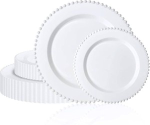 $33 U-QE 60PCS White Plastic Plates - Fancy Beaded Plates Disposable Heavy Duty - Premium Hard Plastic Plates for Party, Wedding & Birthday Including 30 Dinner Plates 10 & 30 Dessert Plates 7