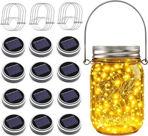 $28 Mason Jar Solar Lights for Outside, 12 Pack 30 LED Fairy Firefly Lights Mason Jar Solar Lids Outdoor Waterproof String Lights with Hangers(NO JARS) for Patio Garden Yard Lawn Decor - Warm White