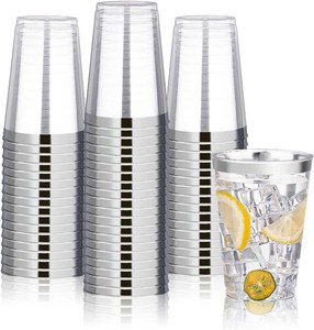 $27 BESTVIP 12oz Silver Plastic Cups, 100 Pack Silver Rimmed Disposable Cups, Heavy-duty Party Cocktail Glasses for Christmas, Plastic Cups for Party, Holiday, Wedding and Birthday