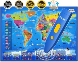 $46 Qiaojoy Bilingual Interactive World Map for Kids Learning Educational Toy  Talking Electronic Kids World Map i-Poster Geography Games Ages 3 to 12 Years Old, Custom Talking Birthday Gifts Card