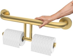 $37 Brushed Gold Handicap Grab Bar with Toilet Paper Roll Holder  2-in-1 Safety Bar 17 Inch, Stainless Steel, Bathroom Toilet Grab Bar for Senior Elderly, Balance Support Handle, Wall Mounted