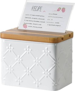 $35 Floral Pattern Embossed Recipe Box with 4x6 Cards and Dividers  Recipe Card Box Set, White Metal Recipe Holder for Kitchen Counter with Wooden Grooved Lid