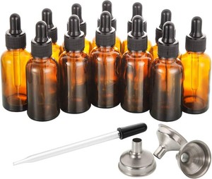 AOZITA 12 Pack, 2 oz Glass Dropper Bottle with 3 Stainless Steel Funnels & 1 Long Glass Dropper - 60ml Amber Tincture Bottles with Eye Droppers for Essential Oils, Liquids - Leakproof Travel Bottle