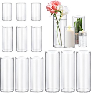 $34 12 Pack Glass Cylinder Vases 4,6,8,10 Inch Tall Clear Flower Vase Hurricane Floating Candle Holder for Table Centerpiece Wedding Home Decor.