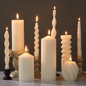 $40 Nuanchu 9 Pcs Modern Decorative Candles Set 5 Pillar Aesthetic Ribbed Candles 4 Spiral Taper Twisted Candlesticks Scented Smokeless Soy Wax for Wedding Holiday Dinner Home Decorations(White)