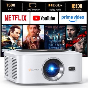 $160 HAPPRUN 1500 ANSI Smart Outdoor Projector, Built-in Apps, 30W Dolby Audio  4K Decoding,Auto Focus,10K Apps,Movie Projector with WiFi Bluetooth,Portable Indoor Proyector Compatible with PhoneTV Stick