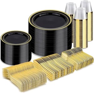 $69 BESTVIP 600PCS Black Gold Dinnerware Set for 100 Guests, Plastic Plates  for Party, 100 Black Gold Disposable Plates, 100 Dessert Plates, 100 Cups, 100 Spoons, 100 Forks and 100 Knives