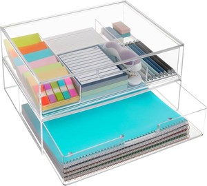 $34 STORi STAX Plastic Stackable Organizer Drawers (Set of 2) Clear  12.5 Wide  Set Includes One Open Drawer & One Divided Drawer  Organize Office Desk Accessories & Sort Paper  Made in USA