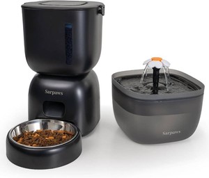 $46 Automatic Cat Feeder and Water Dispenser FW1, Wire or Battery Cat Food Dispenser Timer Pet Feeder - Locking Lid, Desiccant Bag, Programmable Portion Control, 4 Daily Meals, 10s Voice Recorder