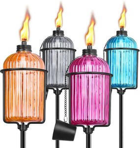 $36 4 Pack Glass Garden Torch, 13.5 oz Colorful Outdoor Torch Garden D cor, 61-Inch Upgraded Citronella Torches with 3-Prong Grounded Stake, Metal Light Torches for Party Patio Pathway