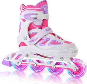 $65 2PM Sports Vinal Girls Adjustable Flashing Inline Skates, All Wheels Light Up, Fun Illuminating Skates for Kids Men Adult Women and Boys