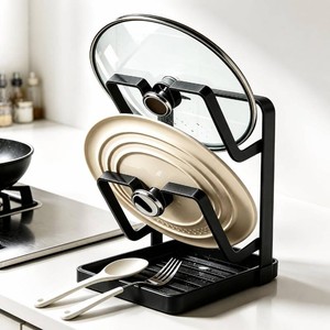 Pot Lid Holder, Carbon Steel Rack with Removable Kitchen Drip Tray  Pre-assembled removable dishwasher-safe tray anti-slip fits 7.5 14 in lids ideal for families & small apartment kitchens