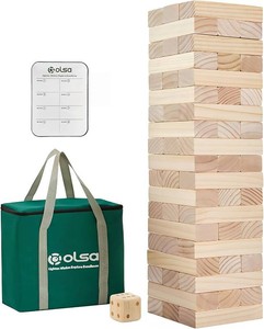 $44 Olsa Giant Tumble Tower 57PCS Wooden Block Stack to Over 4.2 Ft for Family  Include dice,scoreboard&carry bagSolid pinewood,non-toxic,crack free,lightweightGift for all agesGame for backyard,camping