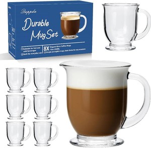 $28 QAPPDA Glass Coffee Mugs Set of 8, 15 Oz Clear Glass Mugs with Handles  Large Coffee Mugs for Hot Beverages, Tea, Latte, Cappuccino, Beer, Juice, Glass Cups Drinkware Set