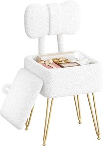 $46 Small Vanity Chair with Storage, Vanity Stool with Folding Back, Chair for Vanity, Footrest Footstool Ottoman, Teddy Fleece Vanity Stool for Makeup, Bedroom, Living Room, White