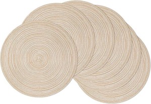 SHACOS 15 inch Round Placemats Set of 6, Cotton Polyester Woven Braided Place Mats, Washable Heat Resistant Circle Table Mats for Dining Table (Beige, 6)
