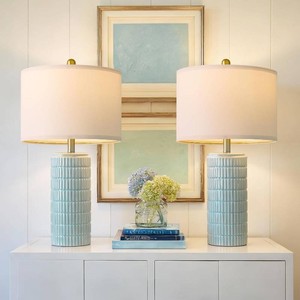 $90 PoKat 23 Light Blue Table Lamps Set of 2, Modern Bedside Lamps for Bedroom, Coastal Ceramic End Table Lamps for Living Room, Ocean Nightstand New Home Decor Lamps