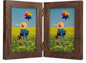 Lyeasw Double Hinged 3.5x5 Picture Frame, Rustic Two Opening 3.5 by 5 Photo Frame with Glass, Brown Folding Frame for Tabletop or Desk Standing
