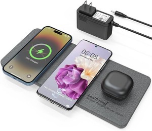 $40 ZealSound Wireless Charging Pad, 3 in 1 Charger Mat for iPhone, Samsung Galaxy, Pixel, AirPods & Galaxy Buds, 24W Adapter Included, Ultra Slim, Case Friendly, PU Leather, Home Office & Travel, Gray