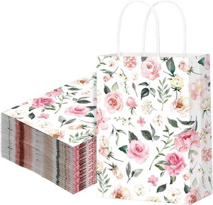 Marspark 24 Pcs Pink Rose Wedding Gift Bags bulk,Flowers Paper with Handles  Bridal Baby Shower Bag for Guests, Treat Goodie, Engagement Birthday Party Supplies, 8.3 x 5.9 x 3.1