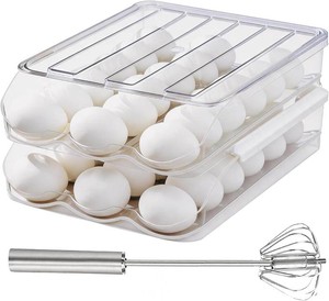 Egg Holder for Fridge, Automatic Rolling Egg Dispenser for Refrigerator with Lid, Stackable 2-Tier Egg Storage Container, Clear Food-Grade Egg Organizer for Fridge Kitchen