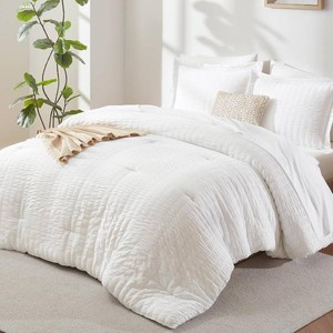 $50 Queen Comforter Set, 7 Pieces White Seersucker Bed in a Bag  OEKO-TEX Certified, All Season Bedding Set with 240 GSM Down Alternative Comforter, Flat & Fitted Sheets, Pillowcases & Shams