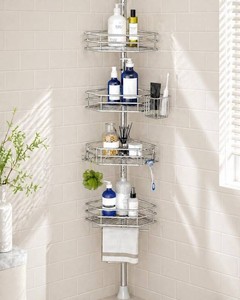 $55 Corner Shower Caddy Tension Pole, Quick Setup, Rust-Free Bathroom Shower Organizer Corner for Bathtub Shampoo Storage, 4-Tier Adjustable Shelf, Drill Free, Fits 34 to 116 Inch Height, Silver