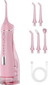$23 Water Flosser for Teeth Cleaning Cordless Portable Water Dental Pick  Rechargeable Oral Irrigator for Braces, 4 Modes, 5 Jet Tips, 300ML IPX7 Waterproof Flossers for Adults, Travel Use, Pink